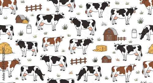 Cow Farm Pattern Illustration Icons Set Featuring Cows, Fences, Barns, and Haystacks for Websites, Apps, and Digital Media
