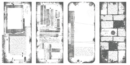 A collection of four vintage textured paper frames with distressed edges and antique document style