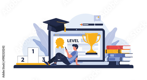 Academic achievement and online learning illustration with a man on a laptop surrounded by books and a trophy.
