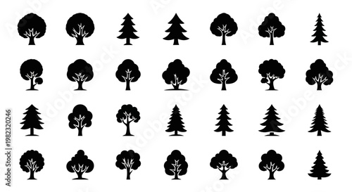 Collection of various tree silhouettes.
