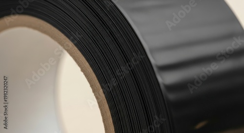 Detailed Macro View of a Black Industrial Tape Roll's Layered Texture