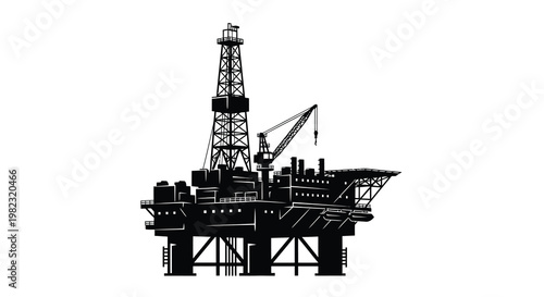 A stark black silhouette depicts an offshore oil platform with a derrick and supporting structures