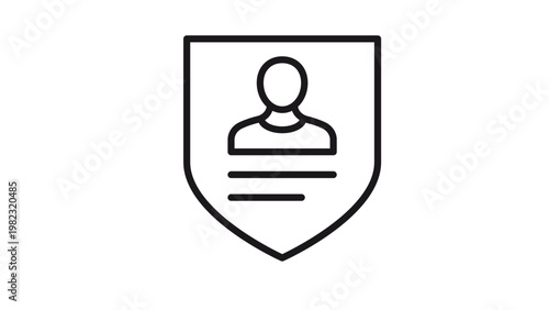 Minimalist black vector icon of a person silhouette inside a shield with text lines, representing user profile security, personal data protection, identification, and secure account access.
