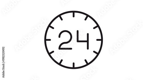 24 hours service vector icon illustration, black line art clock symbol for all day availability, open 24/7 concept, minimalist graphic for business and customer support, scalable design on white