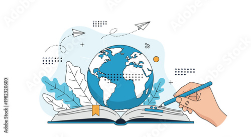 Global academic research and knowledge sharing represented by writing in a book with symbols of world geography.