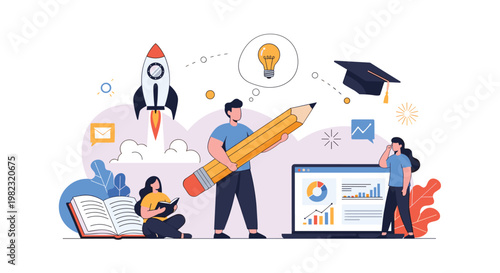 Collaboration in education and business development where team members use creative tools and data analysis to succeed.