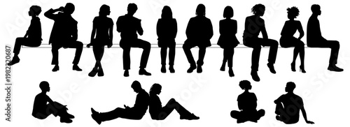 Set of men, women and teenagers sitting on a bench, vector silhouettes, group of business people, black color on white background