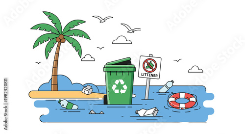 Environmental warning about marine pollution featuring plastic waste in the ocean and the need for proper disposal.