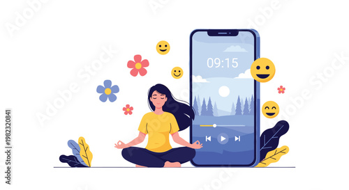 Woman practicing mindfulness and meditation using a mobile wellness application for mental health and stress relief.