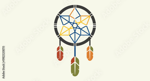 Minimalist geometric dreamcatcher illustration with colorful hanging feathers.