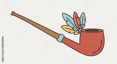 Illustration of a decorative native American peace pipe with colorful feathers.