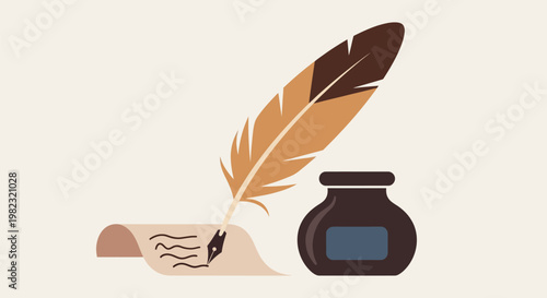 Vintage Quill Pen Writing on Parchment Paper with Inkwell.