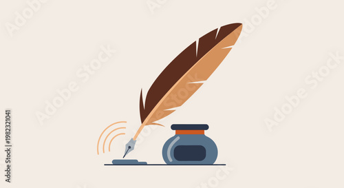 Vintage feather quill pen with inkwell for writing.