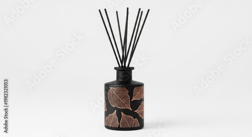 Elegant Matte Black Reed Diffuser with Golden Skeleton Leaf Pattern