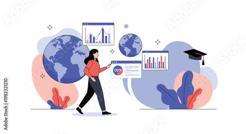 Professional woman walking past various data visualizations and globes to demonstrate global education and business statistics.