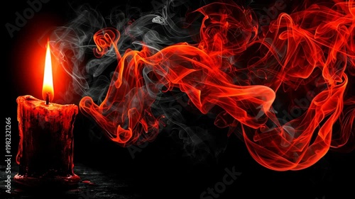 Red Candle Flame with Smoke on Black Background