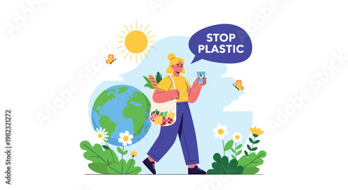 Eco conscious woman carrying reusable mesh bag with fresh produce to promote plastic free lifestyle and protect planet earth.