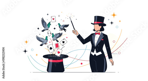 Skilled female magician performing impressive tricks by pulling several pigeons and playing cards from classic black top hat.