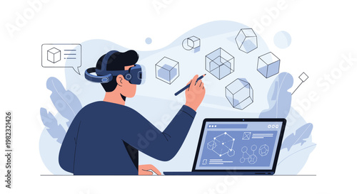 Creative designer using virtual reality headset and stylus to draw complex three dimensional cubes in digital workspace environment.