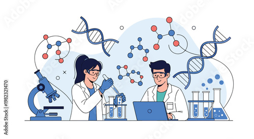 Dedicated scientists conducting genetic research in laboratory while working with dna models microscope and chemical test tubes.