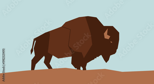 Minimalist vector illustration of a brown American bison standing on flat ground.