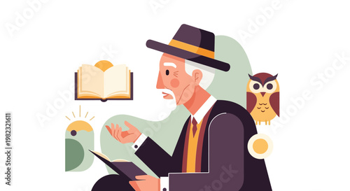 Elderly man with hat reading a book.