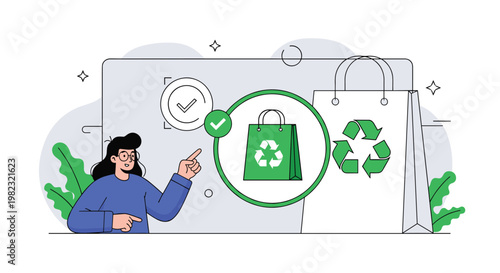 Sustainable shopping advocate pointing at green paper bag with recycling symbol to encourage environmentally friendly habits.
