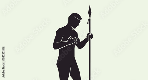 Silhouette of a male warrior holding a spear.