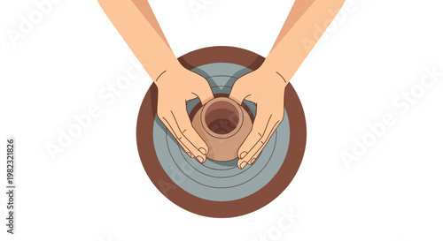 Top view of potter hands shaping a clay vessel on a spinning pottery wheel.