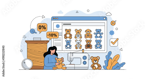 Tailor using sewing machine to create custom teddy bears while managing online shop interface with various colorful toy designs.