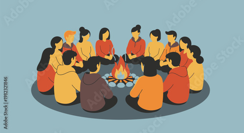 A diverse group of people sitting in a circle around a warm campfire.