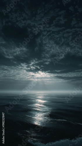 Dark Ocean View with Cloudy Sky and Sunlight Reflections