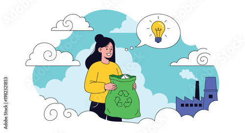 Environmentally friendly woman holding green recycling bag while thinking of new ideas to reduce industrial pollution from factories.