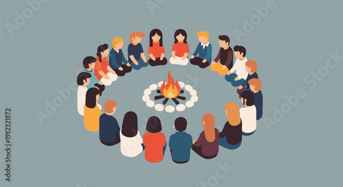 Diverse group of people sitting in a circle around a campfire.