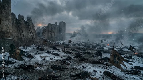 Devastated Battlefield with Smoke and Ruins After Conflict