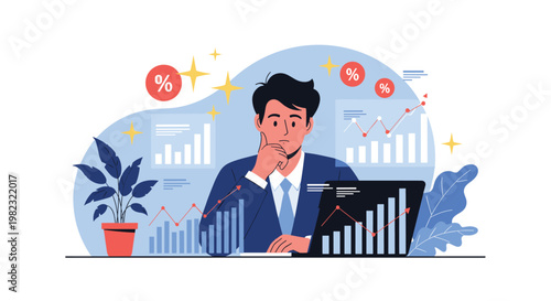 Financial analyst thinking deeply while looking at multiple screens displaying complex stock market charts and growth graphs.