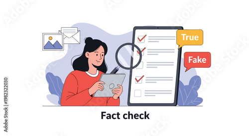 Professional woman using magnifying glass and tablet to perform fact checking on digital information to identify fake news.