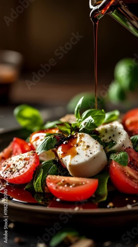 Fresh Caprese Salad with Tomatoes and Mozzarella Drizzled with Balsamic Vinegar