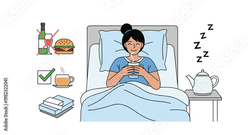 Healthy bedtime routine showing woman in bed with herbal tea while following tips to avoid alcohol and junk food for sleep.
