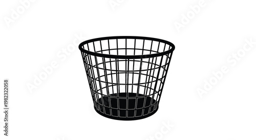 A simple black wire mesh wastebasket is centered against a plain white background high quality professional