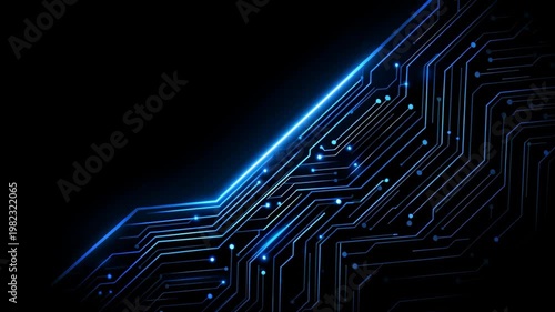 Abstract Circuit Design with Blue Neon Lights on Black Background