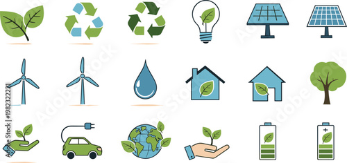 Eco-Friendly Icons Set Featuring Renewable Energy, Sustainability, Green Technology, and Environmental Protection Concepts