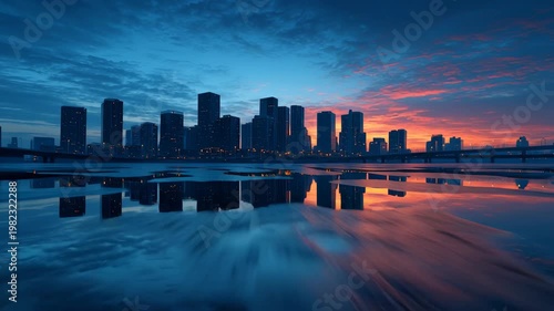 Urban Skyline Reflection at Sunset with Colorful Clouds