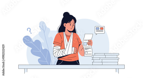 Medical expenses and insurance concept shows a worried woman with a bandaged arm looking at a long hospital bill.