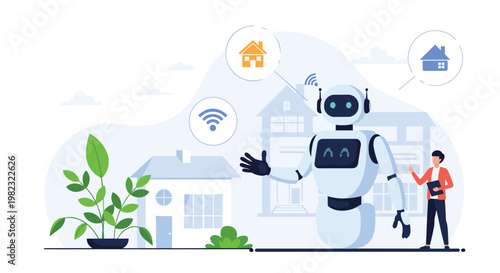 Future smart home technology features a robotic assistant helping a man manage various household tasks and security.