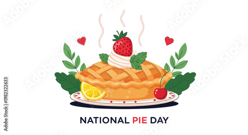 National Pie Day celebration shows a delicious fruit pie with whipped cream, strawberry, and a cherry on top.