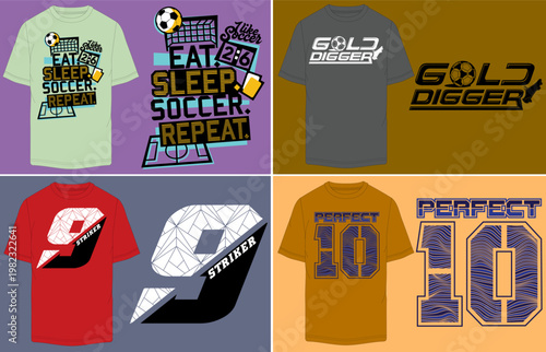 Soccer t-shirt design collection, athletic sports typography vector set, football themed apparel graphics with Eat Sleep Soccer Repeat and Gold Digger text