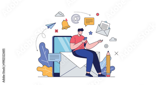 Email marketing and digital communication concept shows a man sitting on a large envelope using his smartphone.