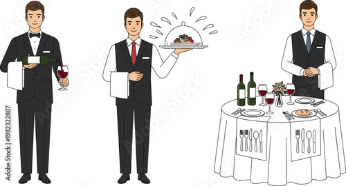 Fine Dining Waiter Service Icons Set Featuring Food Presentation, Wine Service, and Elegant Table Settings for Websites, Apps, and Digital Media