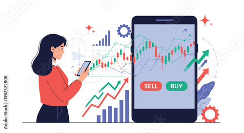 Online stock market trading and investment app shows a woman monitoring various financial charts on her smartphone.